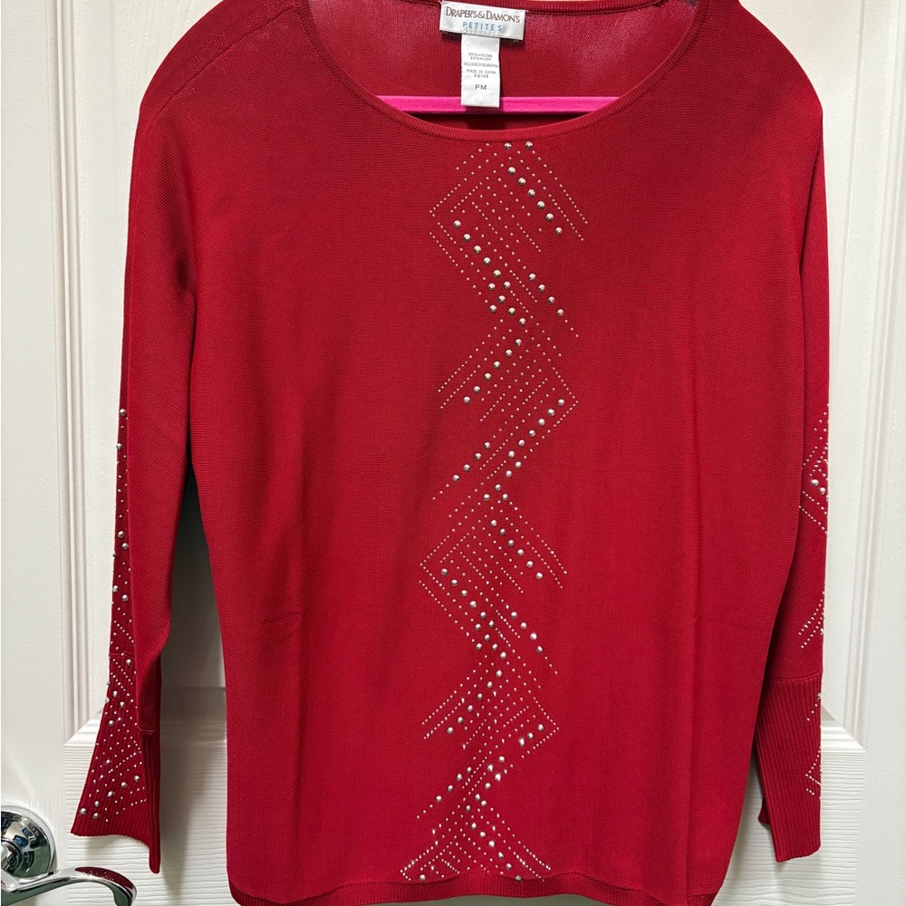 Elegant Red Long Sleeve Top with Rhinestone Accents